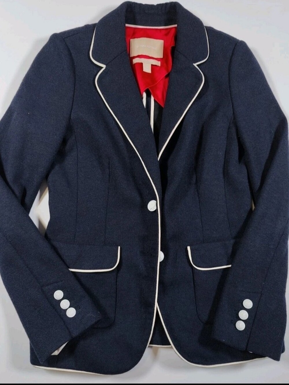 Banana Republic Women Navy Wool Blend Blazer With White Trim And Buttons Size 4